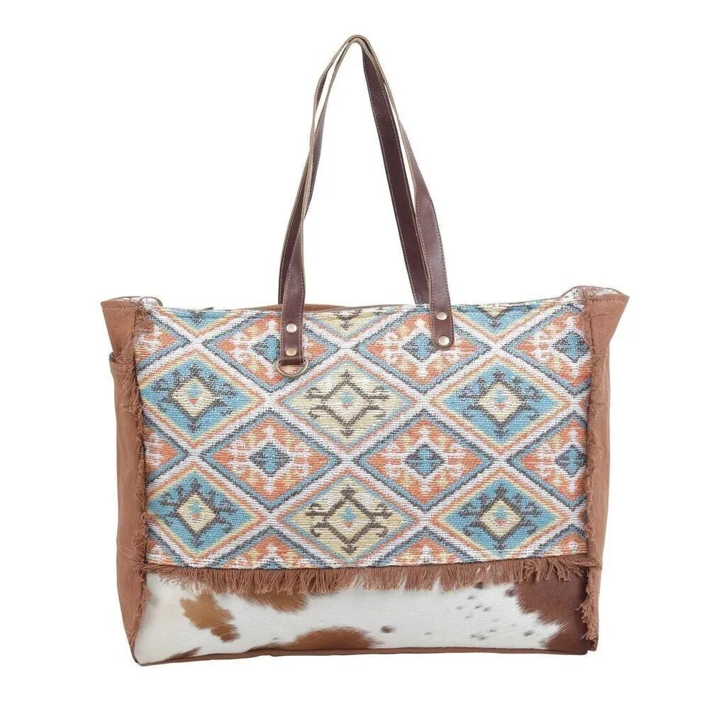 Myra Bag Handmade Ambrose Weekender Bag Upcycled Canvas & Cowhide Leather